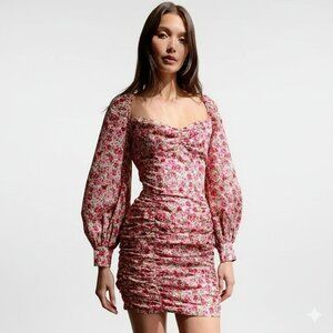 Nasty Gal Floral Balloon Sleeve Ruched Mini Dress – Size 10